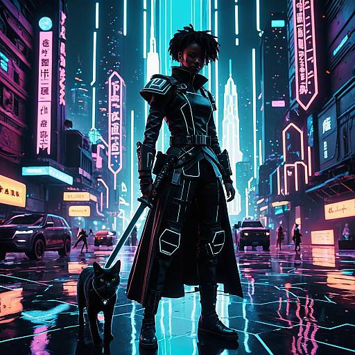 Cyberpunk Swordswoman with Black Cat in Neon City
