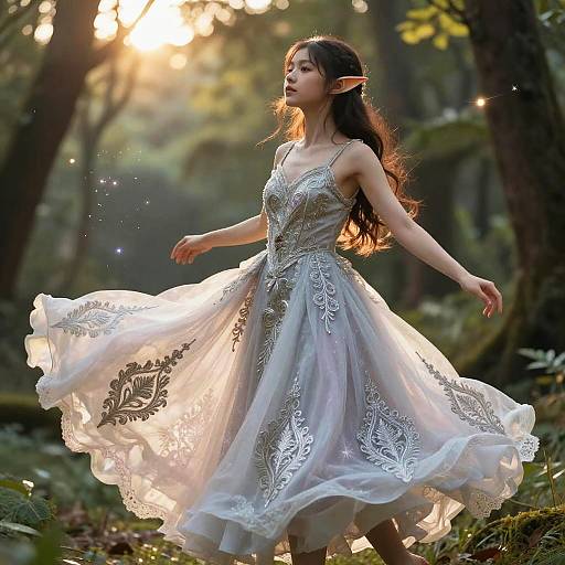 Photograph of an ethereal elf woman in a flowing, silver-embroidered gown, standing in a sunlit forest, with light filtering through