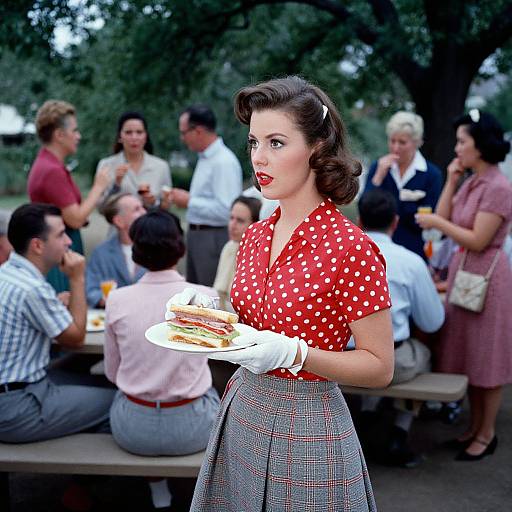 Vintage photograph of a 1950s-style woman with red polka dot blouse, plaid skirt, white gloves, holding sandwiches, standing in a
