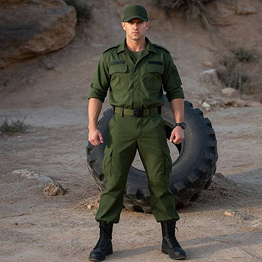 Photograph of a muscular man in green military-style uniform and cap, standing in desert with tire behind him, daytime.