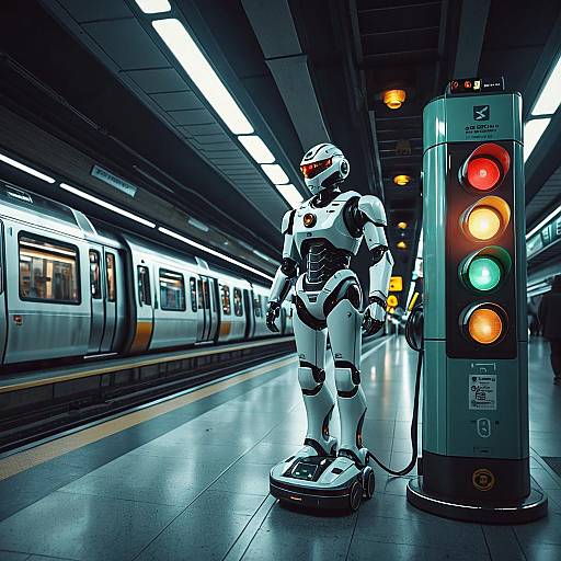 Futuristic Robot Charging at Traffic Light in Subway