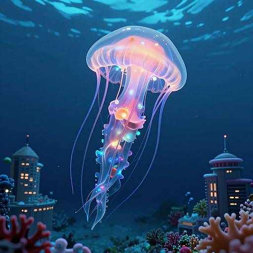 Photograph of a glowing, translucent jellyfish with blue and orange accents, floating above an underwater cityscape with illuminated buildings and colorful coral reefs in a