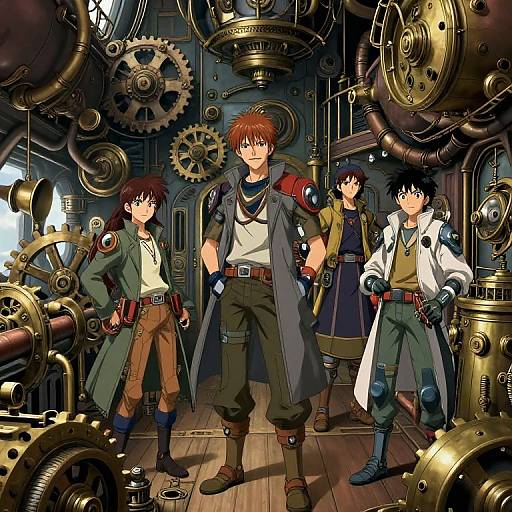 Anime-style illustration of five male characters in a steampunk workshop, surrounded by intricate gears and machinery. Each wears unique, adventurous attire. Central character