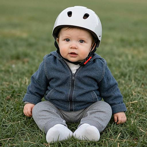 Photograph of a cute, fair-skinned baby with dark hair, wearing a white helmet, blue jacket, gray pants, and white socks, sitting