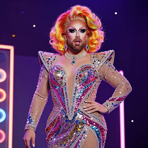 Photograph of a glamorous drag queen with vibrant orange curly hair, wearing a sparkling, multicolored sequin dress, bold makeup, and a ch