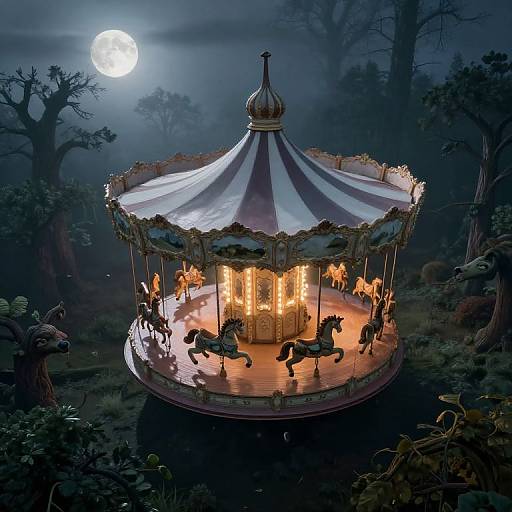 Photorealistic digital artwork: A glowing, vintage carousel with ornate horses under a full moon in a dark, misty forest.