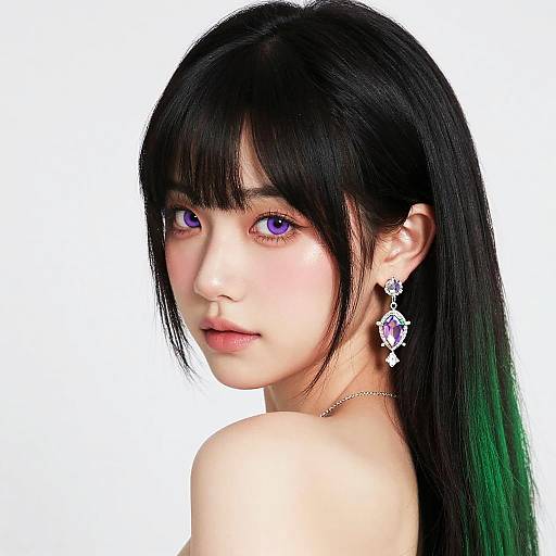 Digital portrait of a young Asian woman with long black hair, green-tipped, purple eyes, and purple earrings, looking over her shoulder against a white