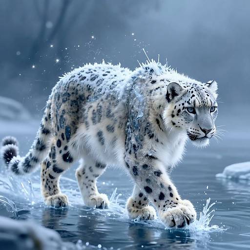 Photograph of a white snow leopard with black spots, splashing through icy water, with sparkling droplets and a blue-tinted background.