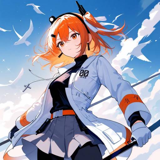 Anime Girl with Orange Hair and Sky Background