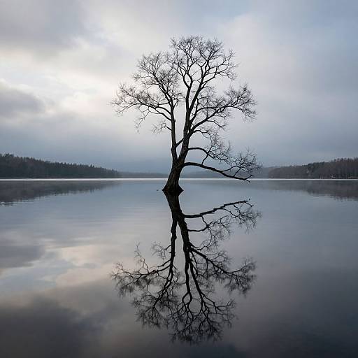 Photograph of a solitary, leafless tree standing in calm, reflective water, with a cloudy, overcast sky and distant forest shoreline.