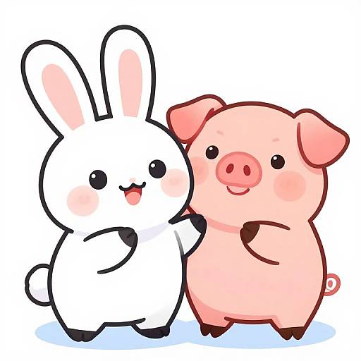 Cute digital illustration of a white bunny and pink pig standing side-by-side, both smiling with blushing cheeks, simple black outlines.