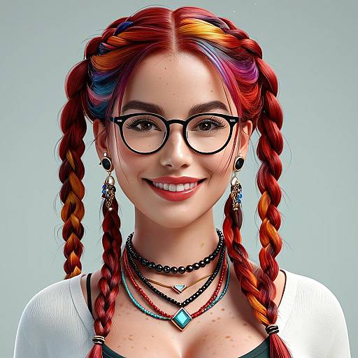 Photorealistic digital portrait of a smiling woman with red-orange braided hair, glasses, black earrings, layered necklaces, and a white top.