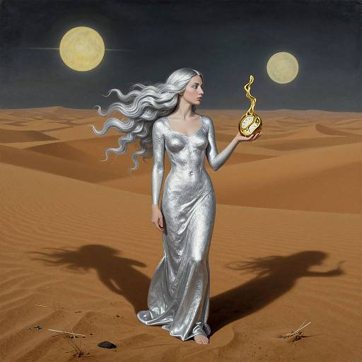 Digital artwork of a silver-haired woman in a metallic silver dress, holding a glowing orb, standing in a desert under two full moons.