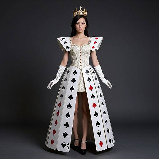 Photograph of a woman wearing a white, card-themed, full-skirted dress with playing card suits, gold crown, and white gloves, standing