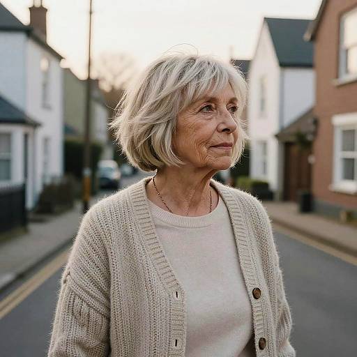 Photograph of an elderly woman with short gray hair, wearing a beige cardigan and white sweater, standing on a quiet suburban street.