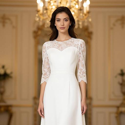 Photograph of a brunette woman with fair skin wearing a white lace-embellished wedding dress, standing in an elegant, chandelier-lit room