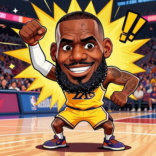 Cartoon-styled, muscular black basketball player with beard and tattoos, wearing yellow jersey and shorts, raises fist in victory pose, yellow starburst background
