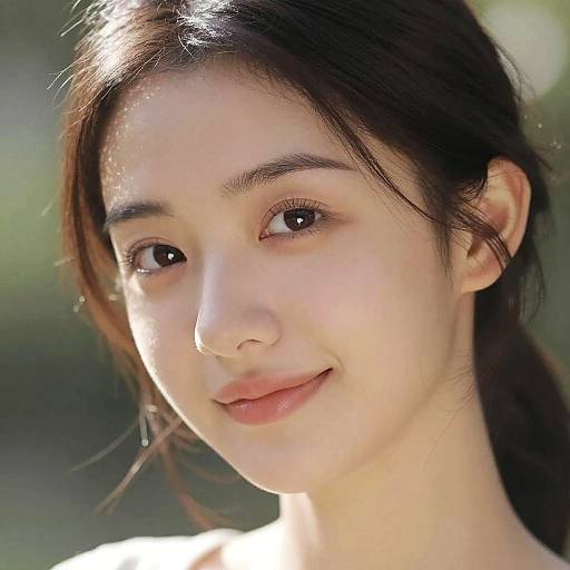 Close-up photograph of a young Asian woman with fair skin, dark brown hair, and subtle smile, set against a blurred green background. Natural light highlights