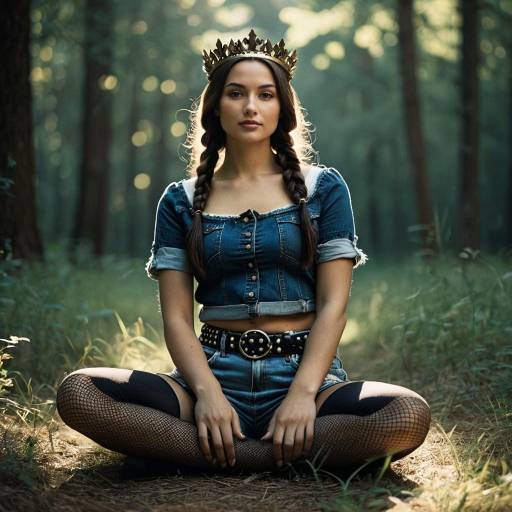Young Woman With Crown Sitting Cross-Legged in Forest