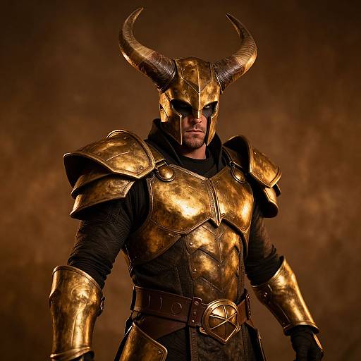 Photograph of a muscular man in golden, horned Viking armor with dark brown background, glowing under dramatic lighting.