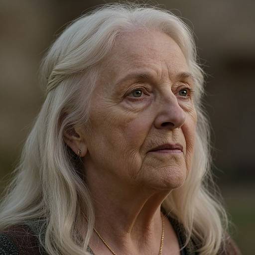 Photograph of an elderly woman with white hair, wrinkled face, and gold necklace, looking slightly to the side with a thoughtful expression. Background is