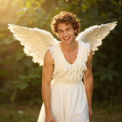 Photograph of a smiling, curly-haired person with white angel wings and dress, standing in a sunlit, green forest background.