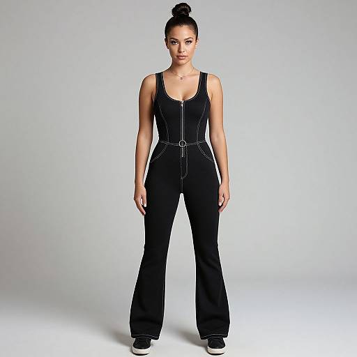 Photograph of a young woman with medium brown skin, black hair in a bun, wearing a black, sleeveless jumpsuit with a belted waist