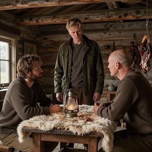 Rustic Cabin Scene with Three Men