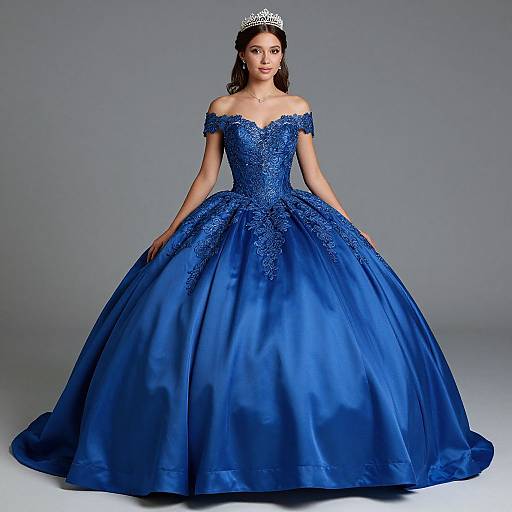 Photograph of a woman in an off-shoulder, royal blue, glittery ball gown with a voluminous skirt, wearing a silver tiara