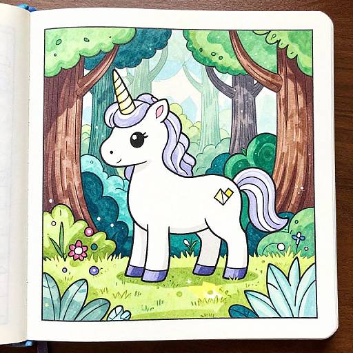 Colorful digital drawing of a cute white unicorn with a striped horn and mane, standing in a vibrant forest with trees, bushes, and flowers, framed