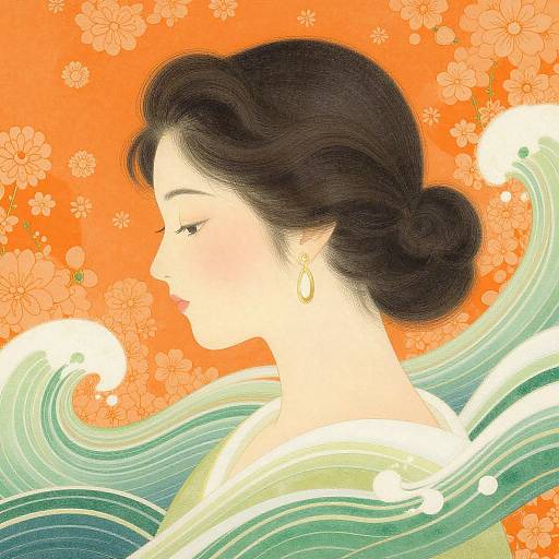 Digital illustration of a serene Asian woman with dark hair in an elegant bun, golden earrings, against an orange floral background, surrounded by green and white wave
