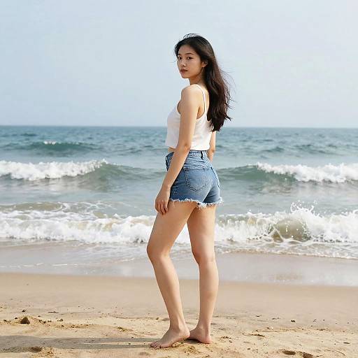 Young Asian woman with long black hair, wearing white crop top and frayed denim shorts, stands barefoot on sunny beach with waves in background. Phot