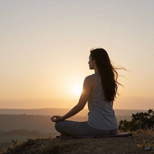 Photograph of a woman with long dark hair, wearing a gray tank top and jeans, sitting in a meditative pose at sunset, with a glowing