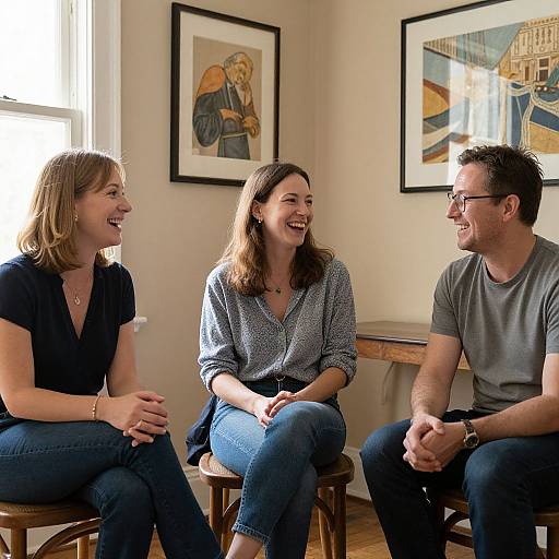 Photograph of three laughing, casually dressed friends—two women and one man—seated in a sunlit room with framed art on beige walls.