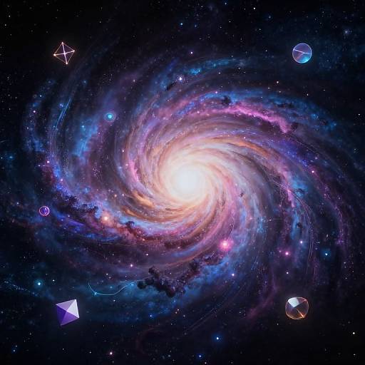 Digital artwork of a vibrant, swirling galaxy with a bright core, surrounded by colorful nebulae, stars, and geometric shapes in space.