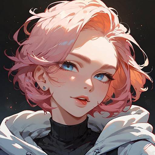 Pink-Haired Woman in Hoodie, Blue Eyes
