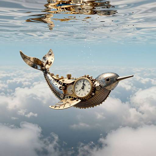 Photograph of a clockwork bird with gears and a clock face, floating underwater above a cloudy sky, reflecting on the water's surface.