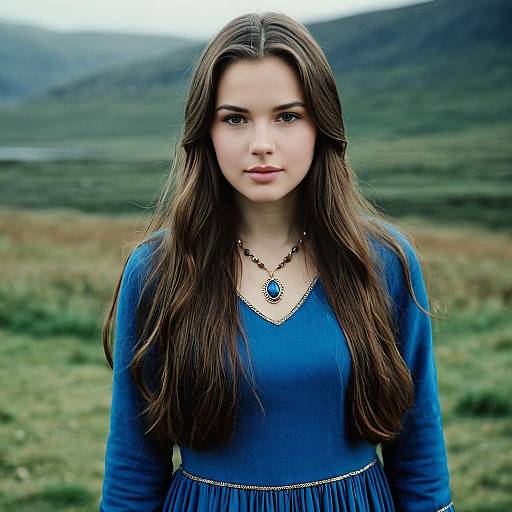 Young Woman in Blue Medieval Dress Outdoors