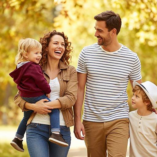 Photograph of a smiling family with a curly-haired woman in a tan jacket, bearded man in a striped shirt, blonde child in a hoodie,