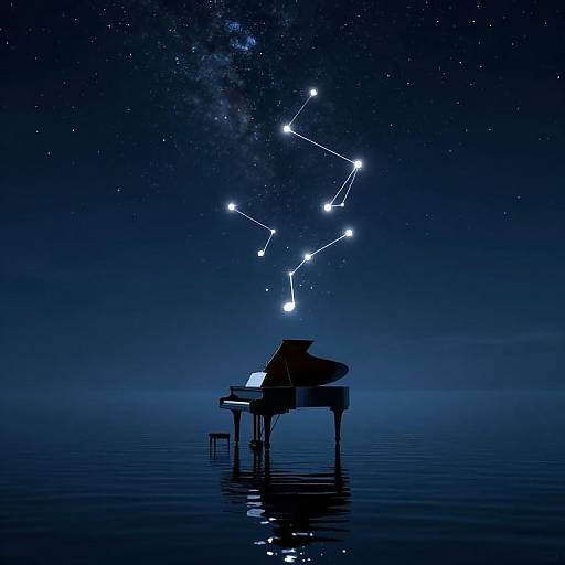 Silhouetted grand piano on calm water, with constellation map of stars glowing above, under a starry night sky. Digital art.