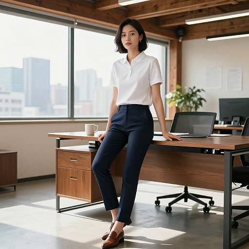 Photograph of a confident Asian woman with short black hair, wearing a white blouse and navy pants, leaning on a wooden office desk in a sunlit