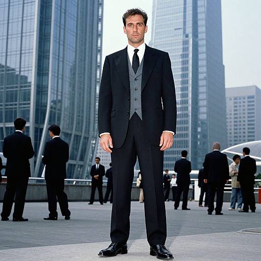 Photograph of a tall, handsome man in a black suit with a gray vest standing in front of a modern cityscape, surrounded by other men in