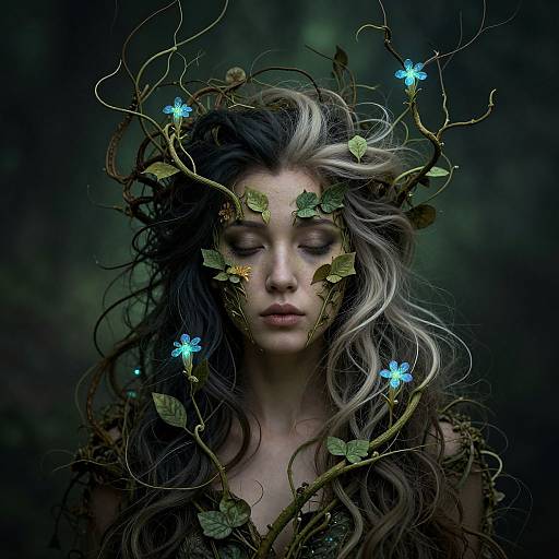 Photorealistic digital portrait of a fair-skinned woman with long, wavy, blonde and brown hair, adorned with glowing blue fireflies and green