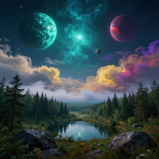 Digital artwork of a serene forest lake at night, with vibrant, glowing planets and colorful clouds in the starry sky.
