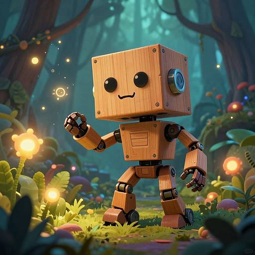 Digital art: Wooden robot with black eyes and smile stands in enchanted forest, surrounded by glowing mushrooms, fireflies, and lush greenery.