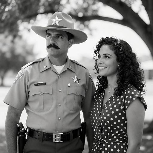 Black and White Photo of Sheriff and Woman Outdoors