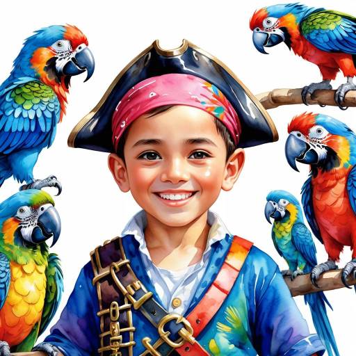 Whimsical Pirate Boy with Colorful Parrots Whimsical Pirate Boy with Colorful Parrots