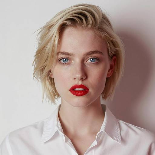 Blonde Woman with Red Lipstick and White Shirt