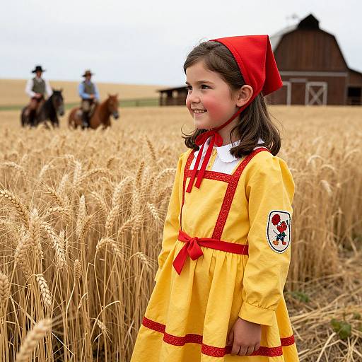 Photograph of a smiling young girl in a yellow dress with red trim and a red bow, standing in a golden wheat field, with blurred riders and