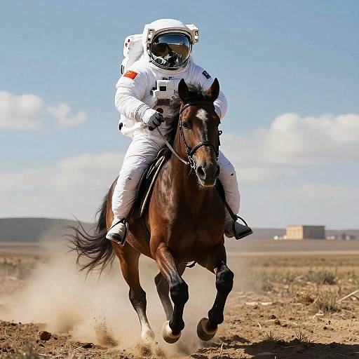 Astronaut Galloping on Four-Legged Horse